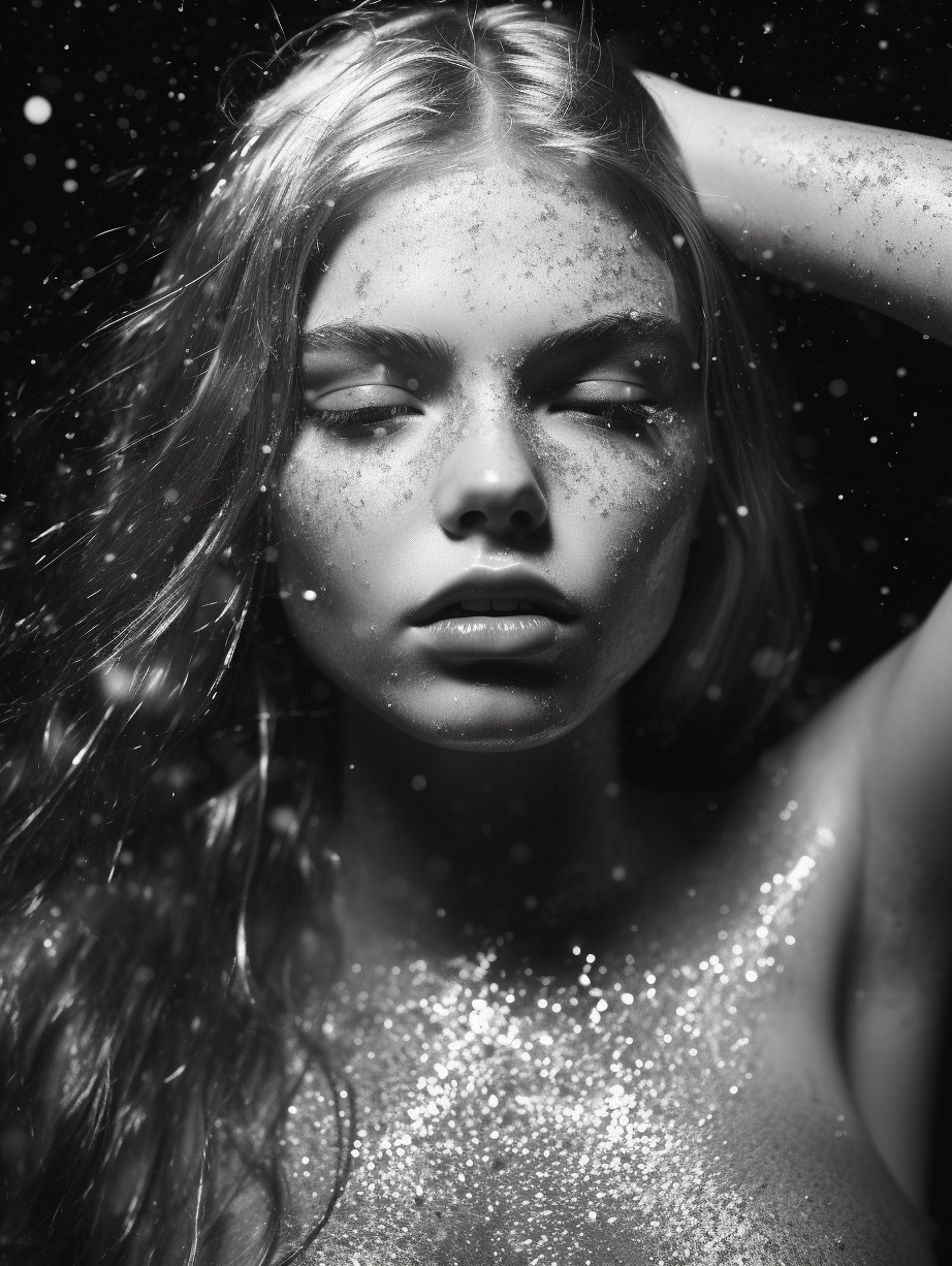 صورة مولدة بالذكاء الاصطناعي: Midjourney prompt: a black and white photo of a woman with wet hair, ... (نموذج Midjourney - تصوير فوتوغرافي)