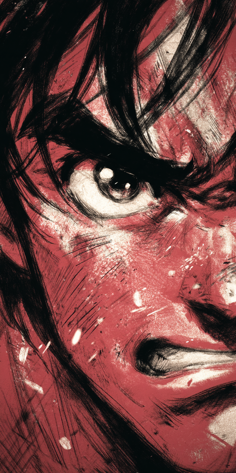 صورة مولدة بالذكاء الاصطناعي: Midjourney prompt: manga panel intense, against a dark red background... (نموذج Midjourney - أنمي)