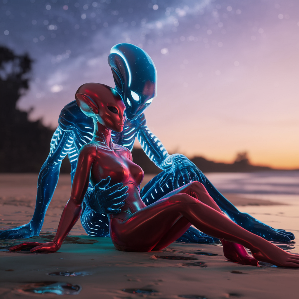 Ideogram prompt: Whimsical. A couple of aliens (male and ...