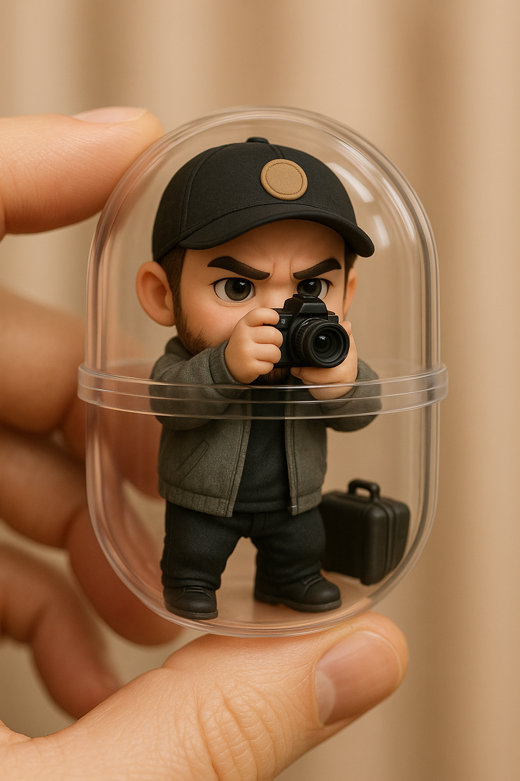 Chibi figurine, focused expression, holding camera, black cap
