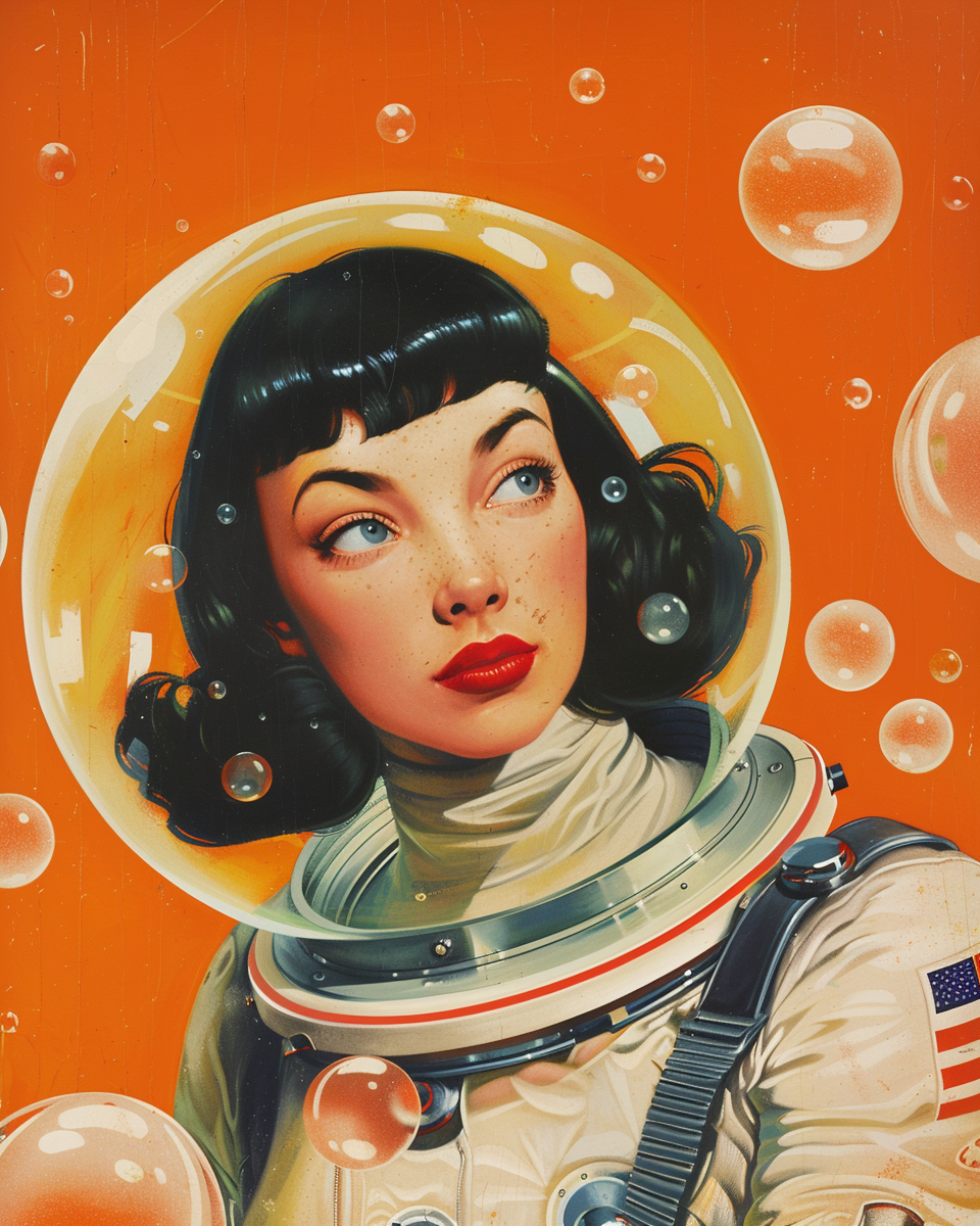 AI generated: Midjourney prompt: A retrofuturistic portrait of an astronaut woman w... (Midjourney - Portraits)