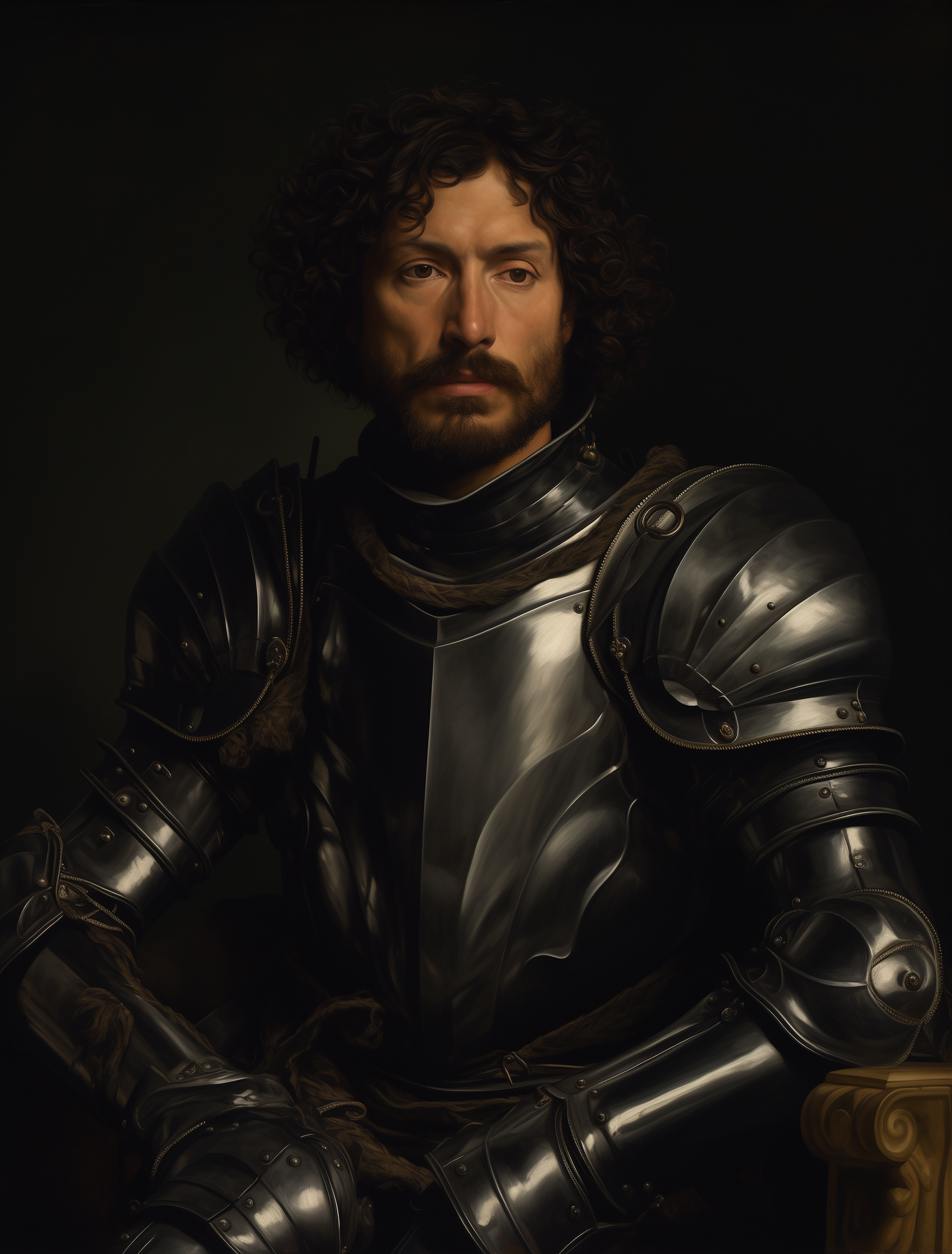 صورة مولدة بالذكاء الاصطناعي: Midjourney prompt: A portrait of an Italian man in black armor, with ... (نموذج Midjourney - صور شخصية)
