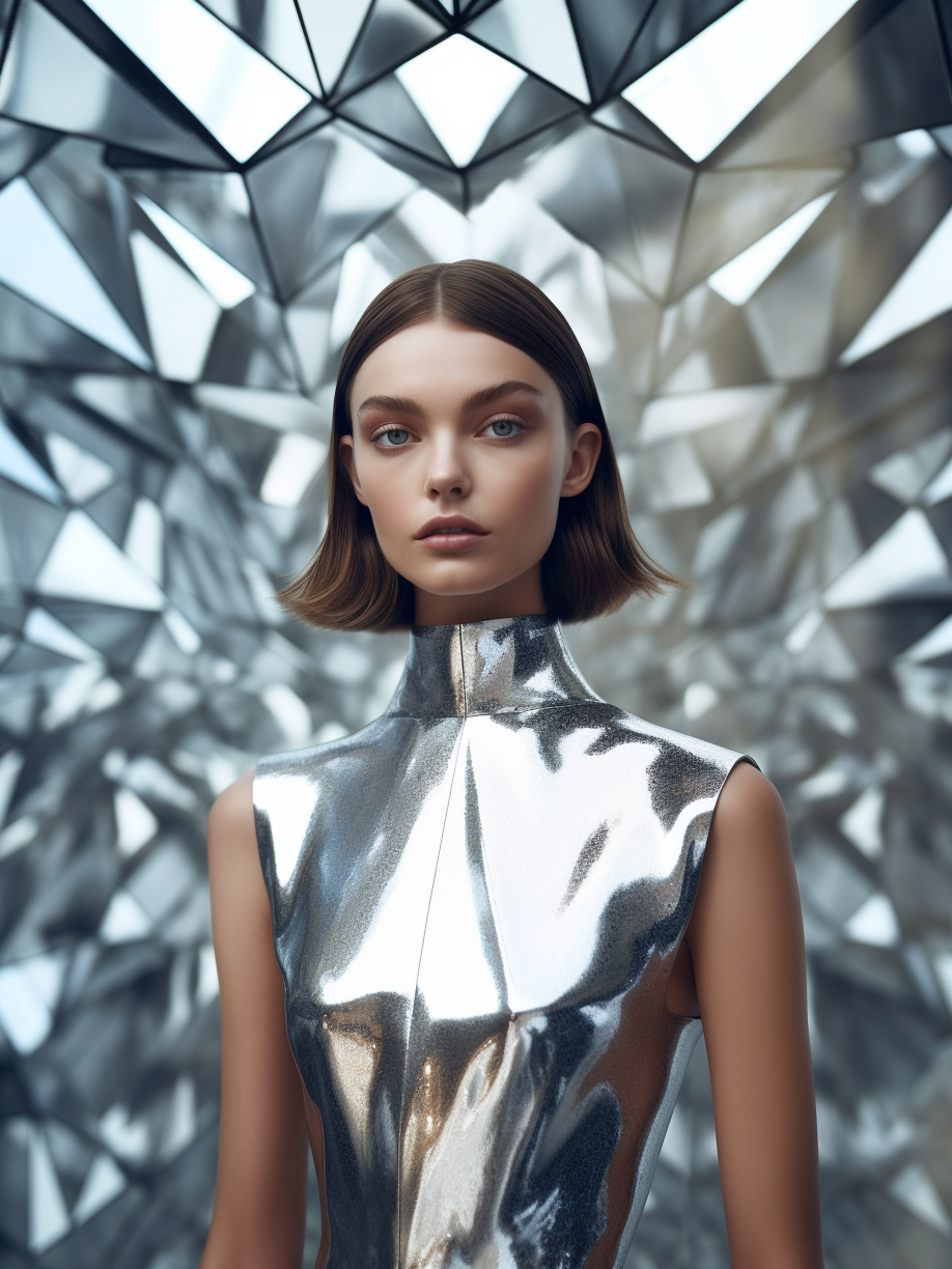 AI generated: Midjourney prompt: a woman in a silver dress posing for a picture, tr... (Midjourney - Fashion)