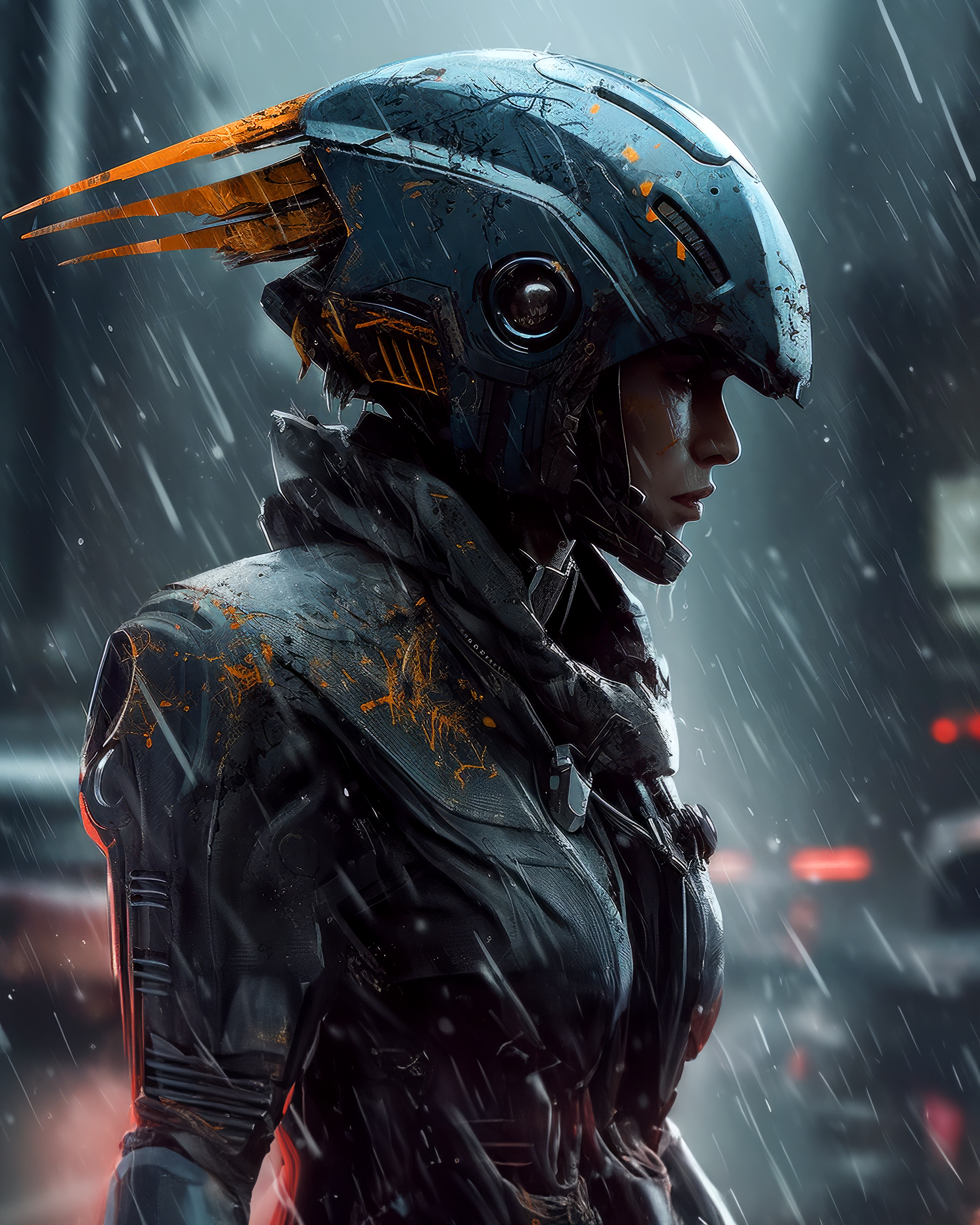 Midjourney prompt: a portrait of a robot in a rainstorm, in the style... - Midjourney