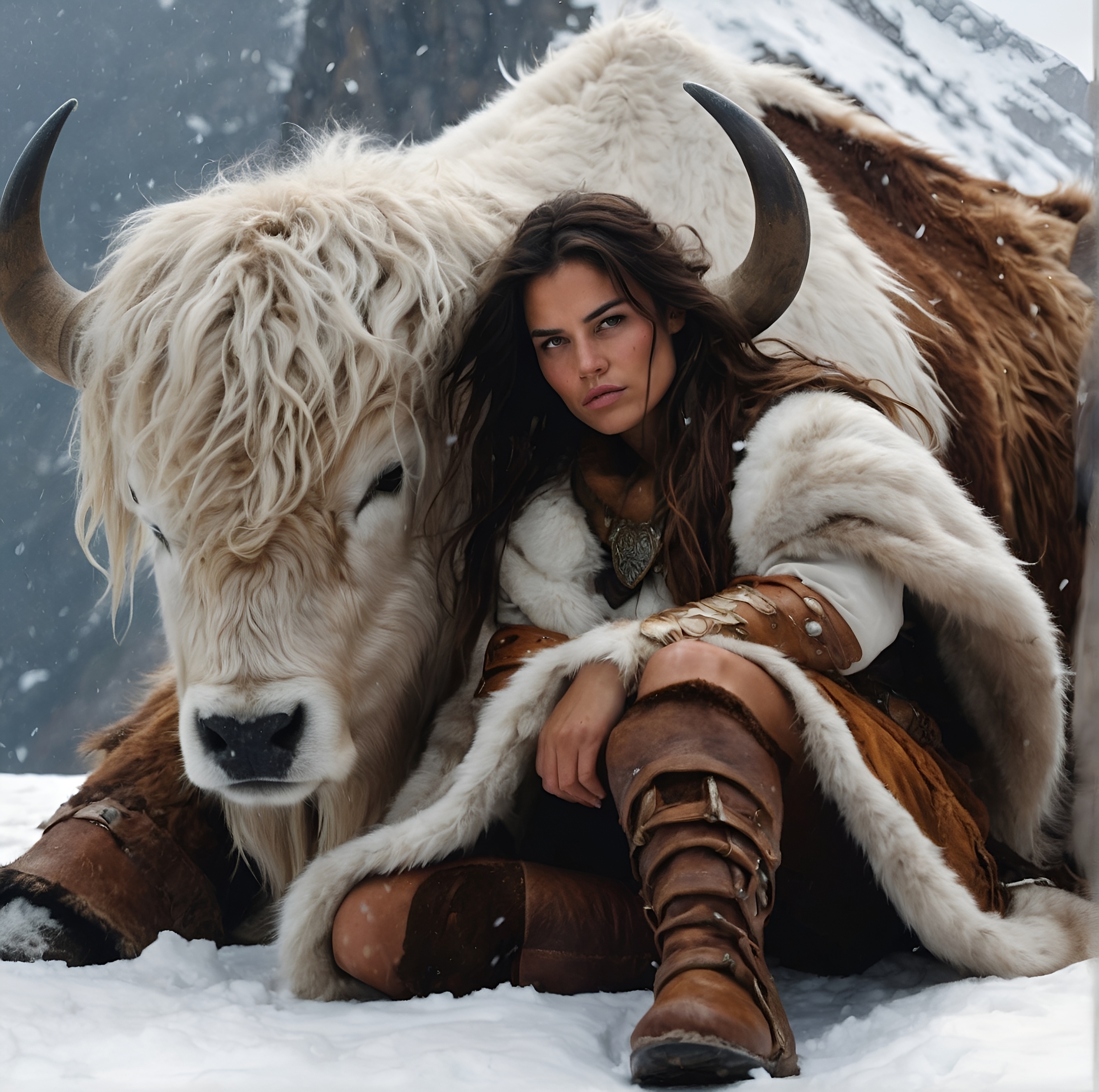 AI generated: A Warrior and her Yak (Stable Diffusion - Photography)