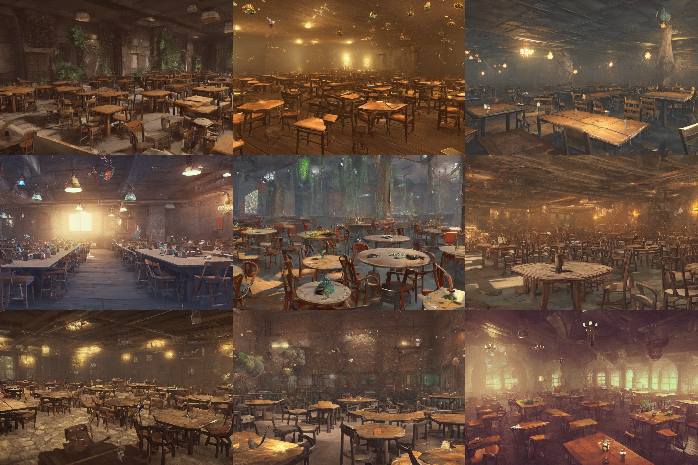 Stable Diffusion prompt: a room filled with lots of table...