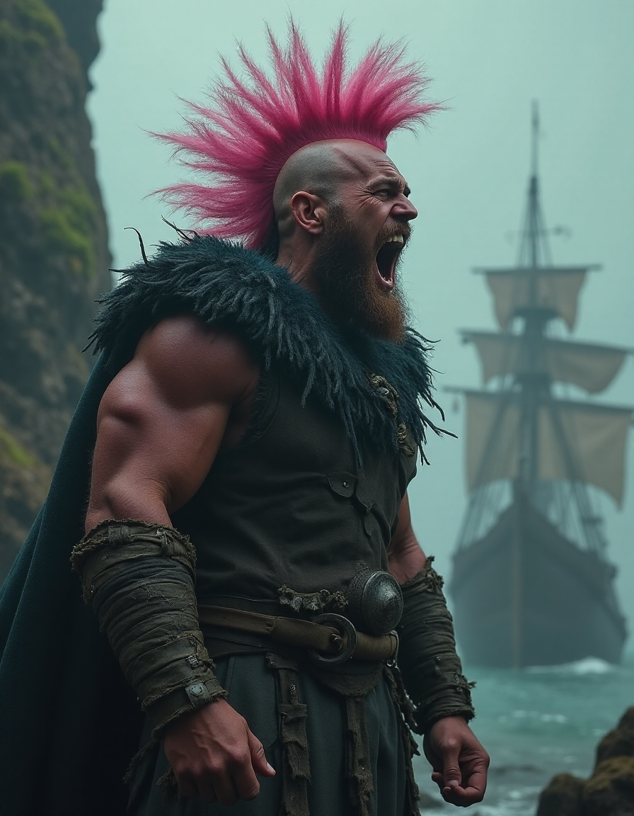صورة مولدة بالذكاء الاصطناعي: FLUX prompt: muscle Viking, yelling, [pink :: 0.3], mohawk, art... (نموذج FLUX - تصوير فوتوغرافي)