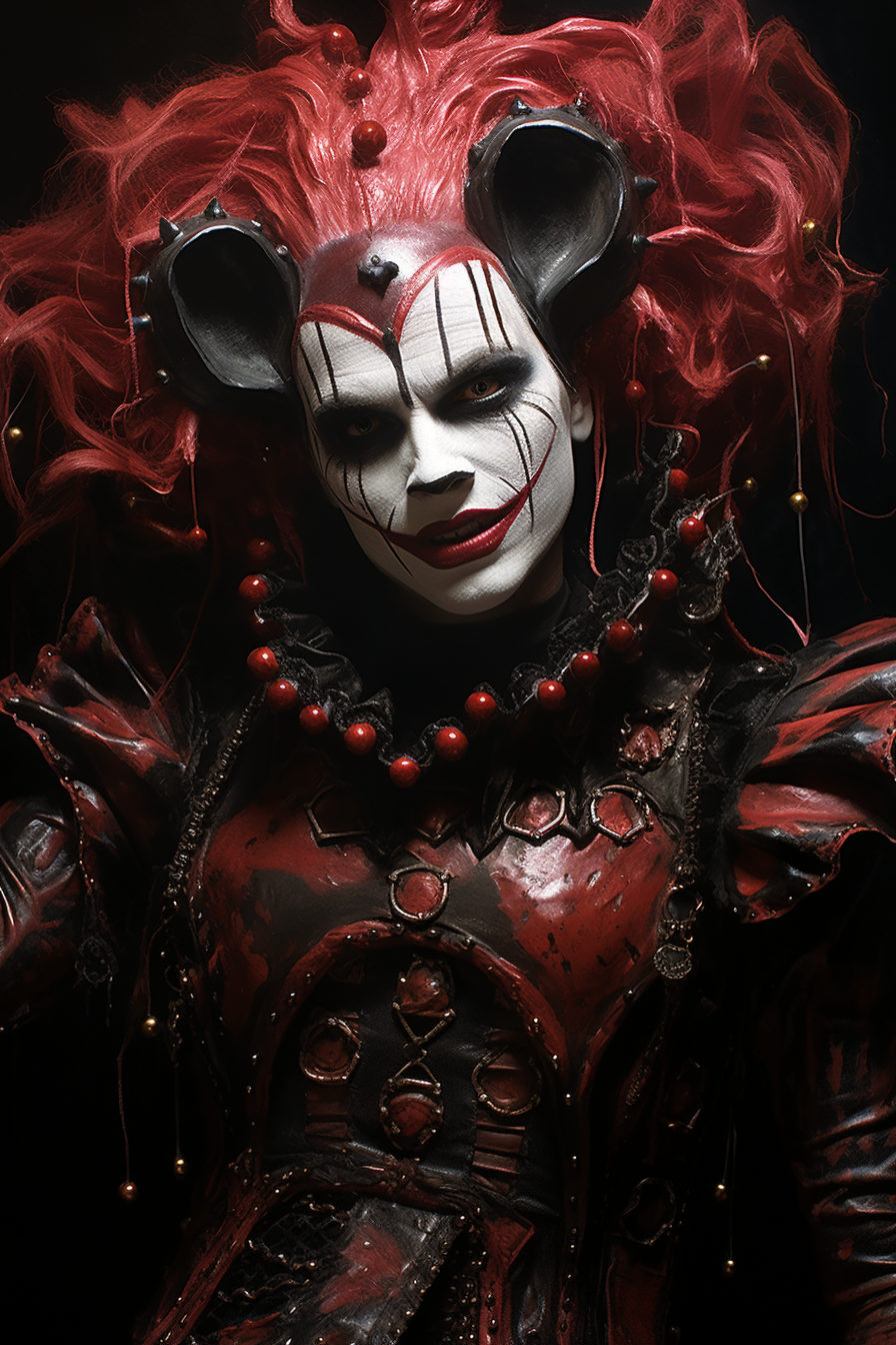 Midjourney prompt: Painting offemale punk clown costume by robin, ful... - Midjourney