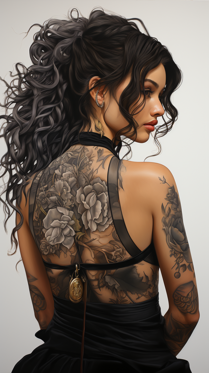 Midjourney prompt: a black tattooed woman in , with hand on her shoul... - Midjourney