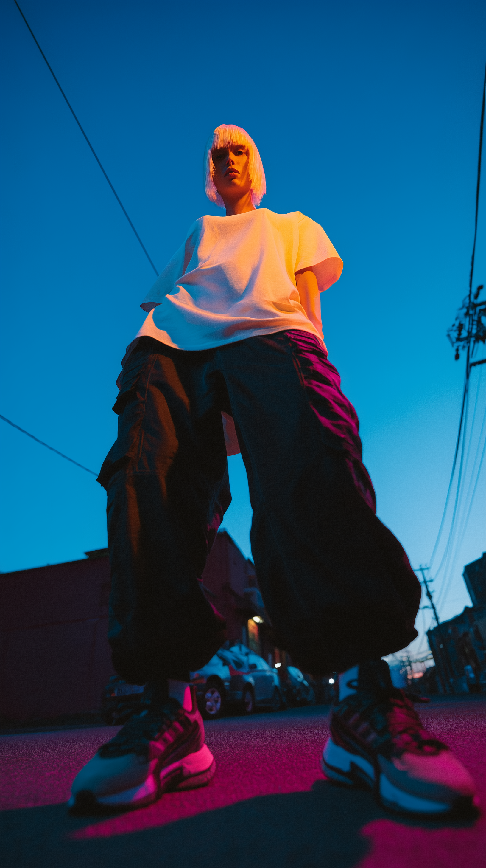 AI generated: Midjourney Shatter prompt: photography, female model, bottom tilt shot, front... (Midjourney Shatter - Fashion)