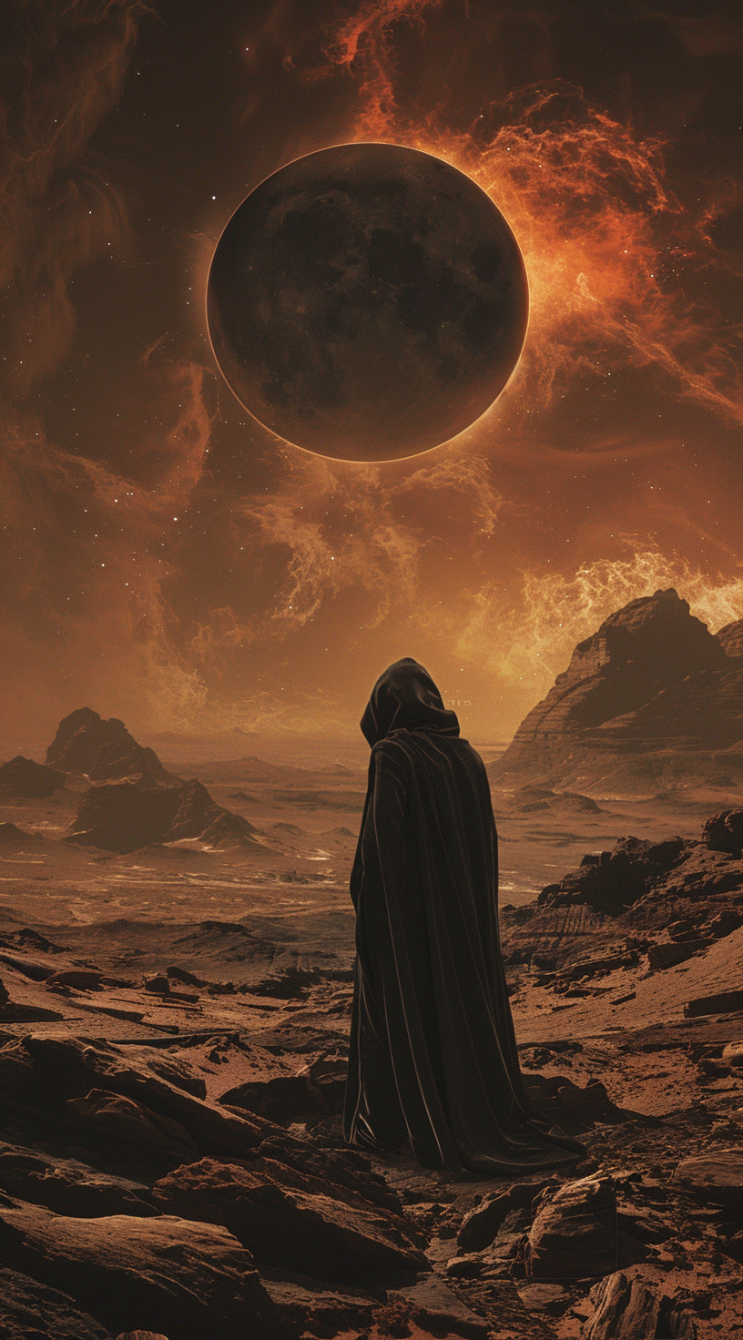 AI generated: Midjourney prompt: A man in a dark cloak standing on rocky terrain, l... (Midjourney - Concept Art)