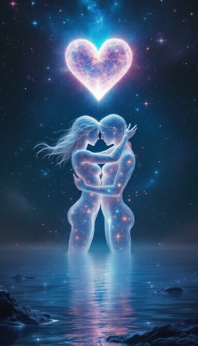 FLUX prompt: Two ethereal figures entwined in a celestial embra... - FLUX