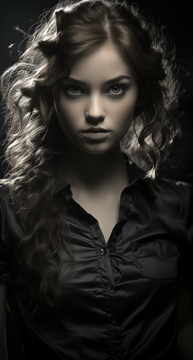 AI generated: Midjourney prompt: black and white portrait of a young girl, in the s... (Midjourney - Portraits)