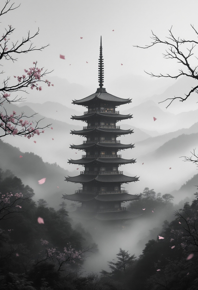 AI generated: FLUX prompt: Traditional Japanese pagoda standing tall in a fog... (FLUX - Landscapes)