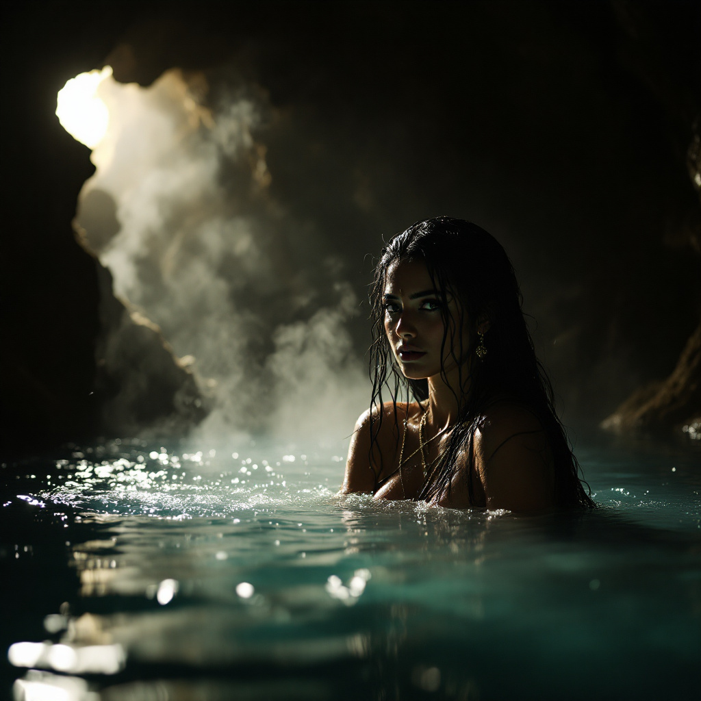 AI generated: FLUX prompt: hot spring inside a dimly lit cave, steam rises fr... (FLUX - Portraits)