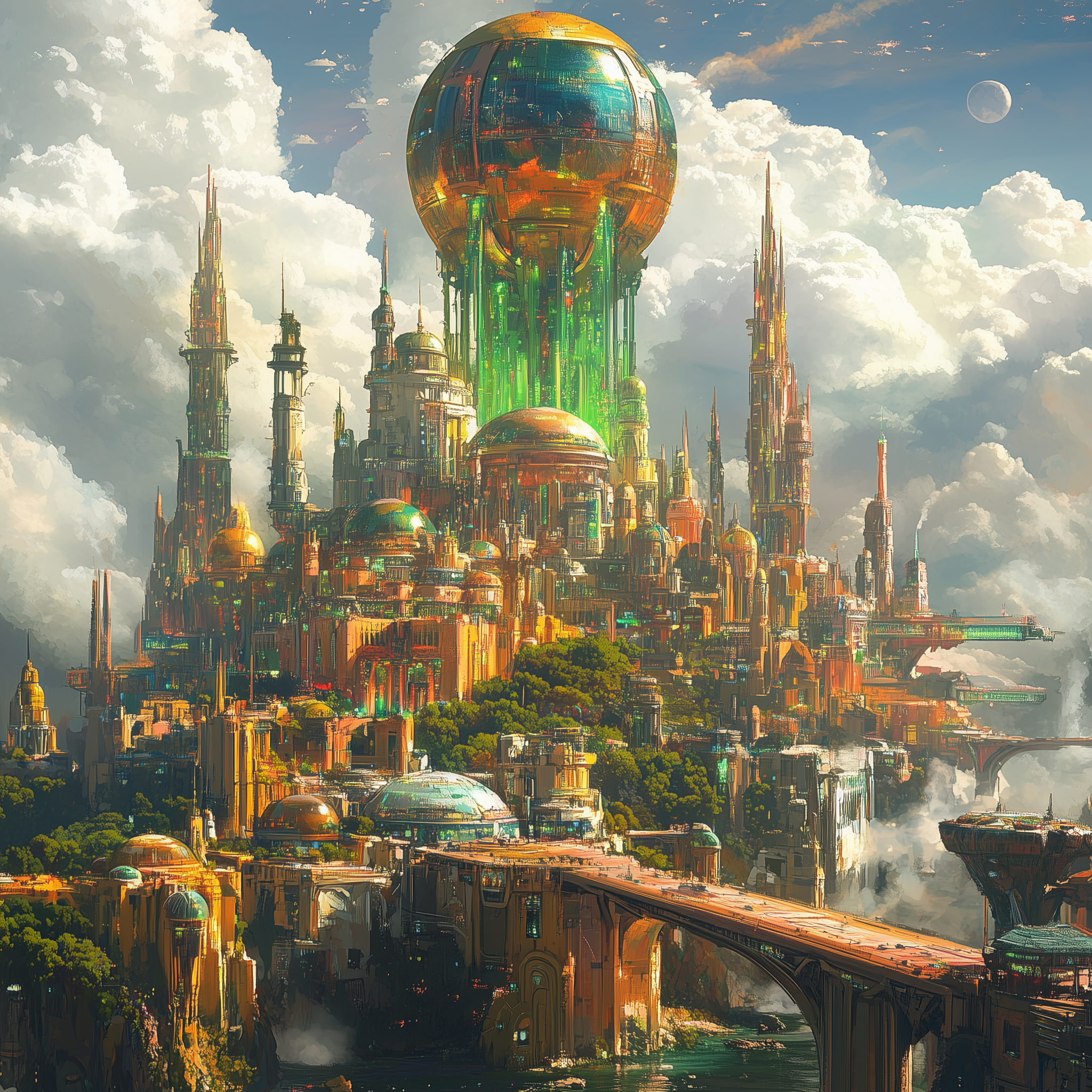 صورة مولدة بالذكاء الاصطناعي: Midjourney prompt: A futuristic city with many buildings and bridges,... (نموذج Midjourney - عمارة وتصميم)