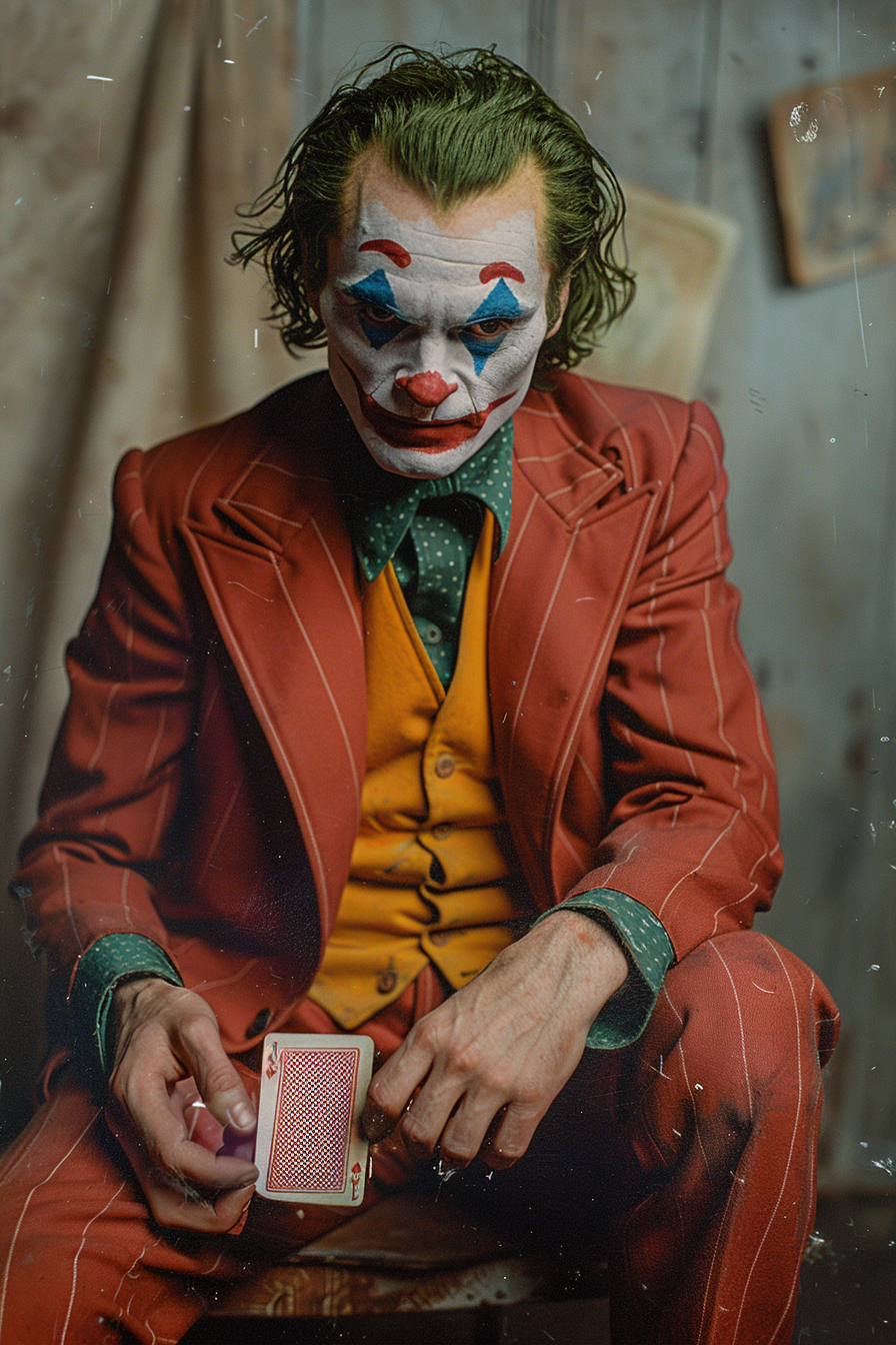 Midjourney prompt: A vintage color photo of the JoKeR holding up an A... - Midjourney