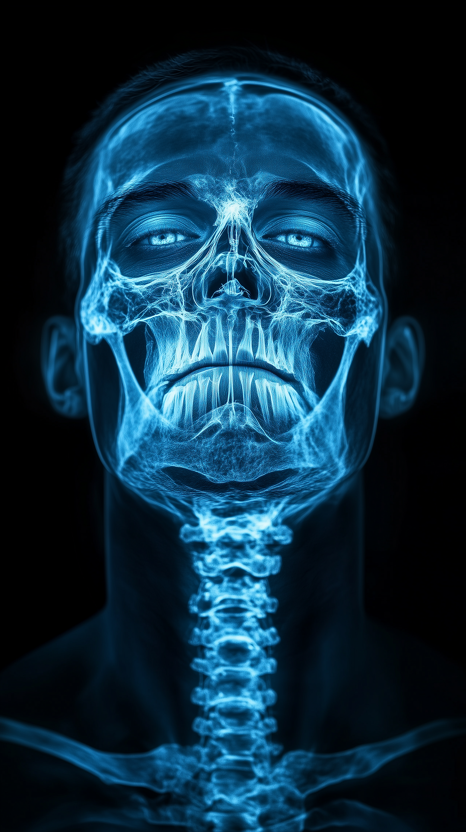 AI generated: Midjourney prompt: blue x-ray, man face, gaze, black background, cyan... (Midjourney - Portraits)