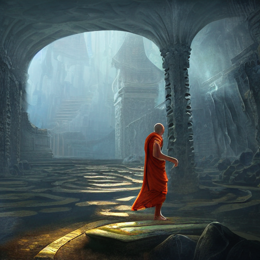 Stable Diffusion prompt: mage monk in lost temple, unreal...