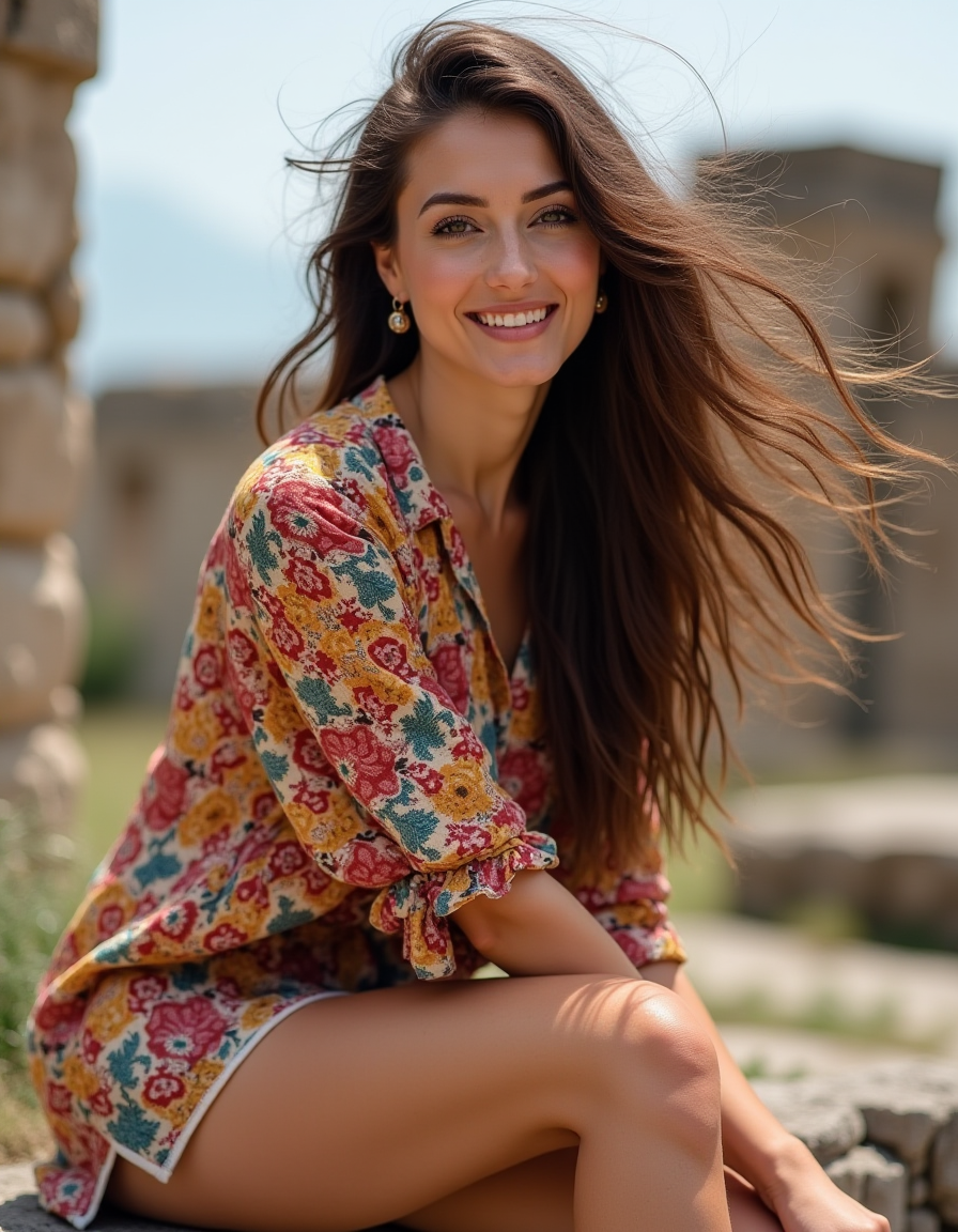 FLUX prompt: photograph of a woman, long tousled brunette hair ... - FLUX