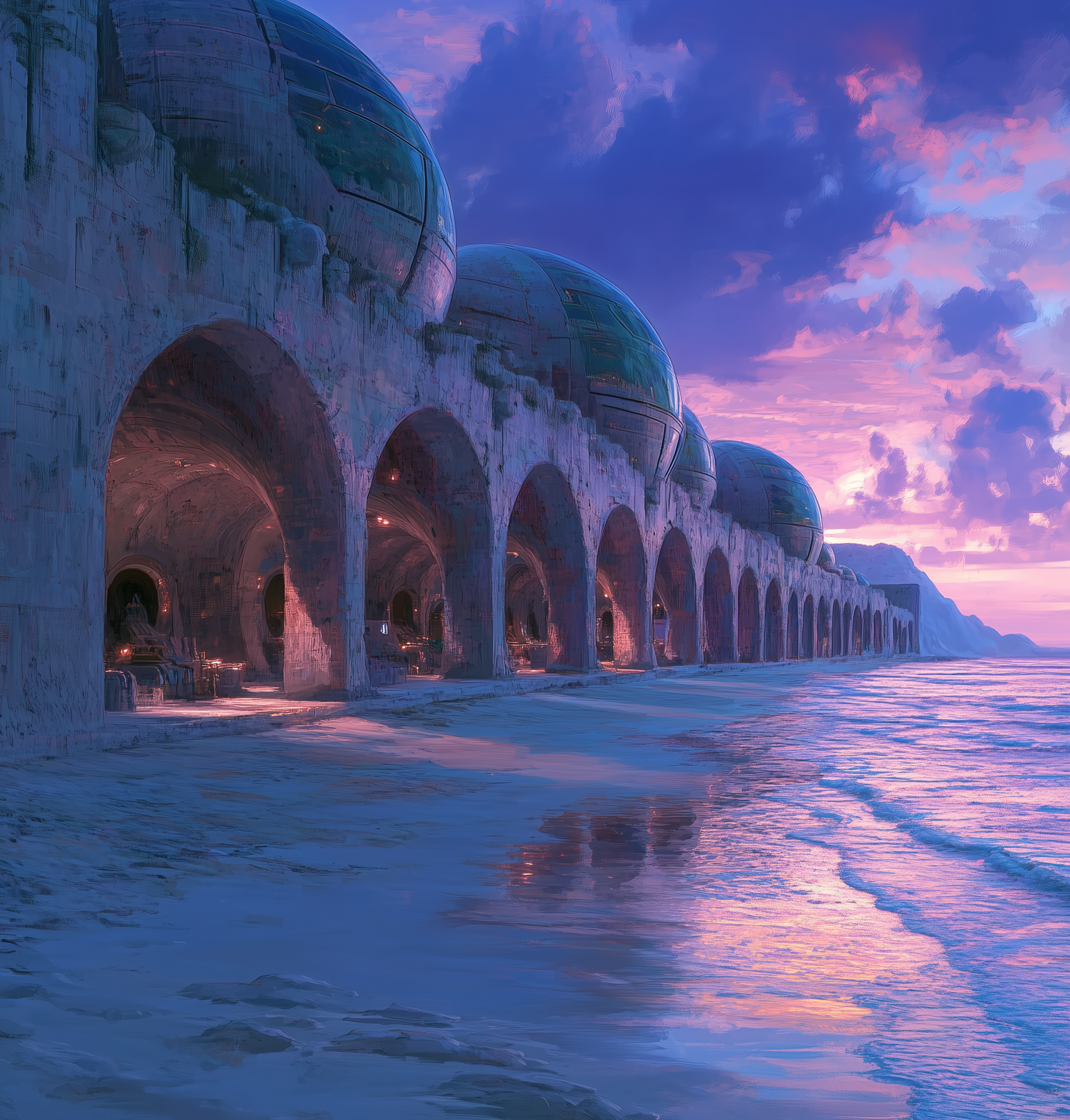 AI generated: Midjourney prompt: Futuristic city on the horizon, surrounded by gian... (Midjourney - Architecture)