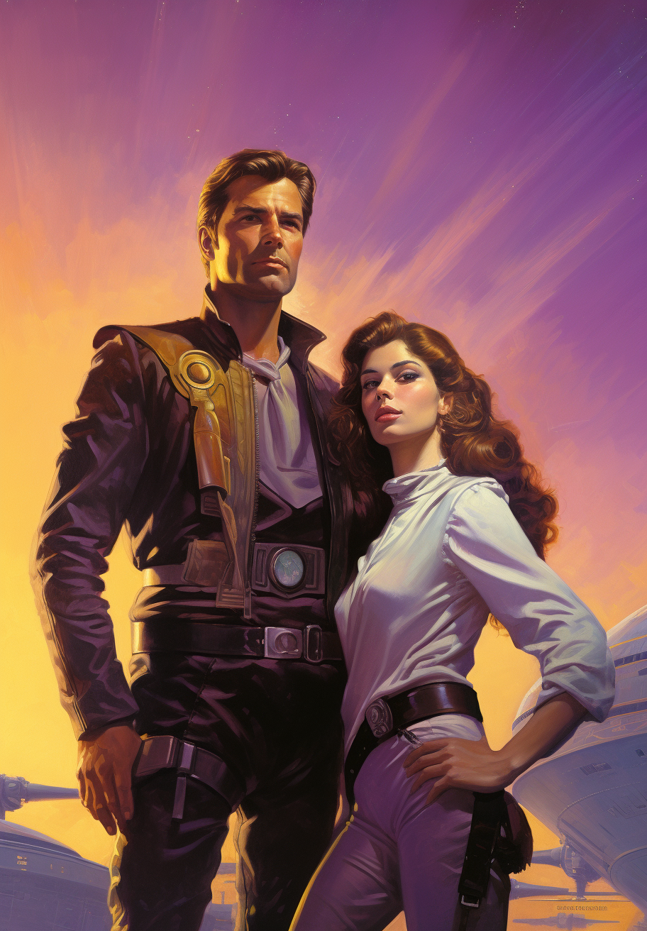 AI generated: Midjourney prompt: A purple space opera uniformed man and woman, poin... (Midjourney - Character Design)
