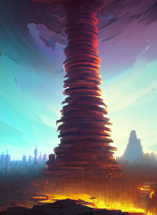 Stable Diffusion prompt: a gigantic tower of hanoi reachi...