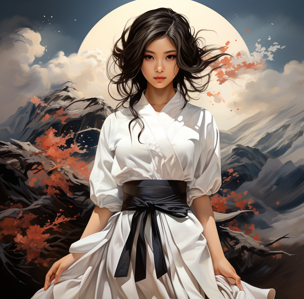 AI generated: Midjourney prompt: anime girl in full white outfit holding Japanese t... (Midjourney - Portraits)