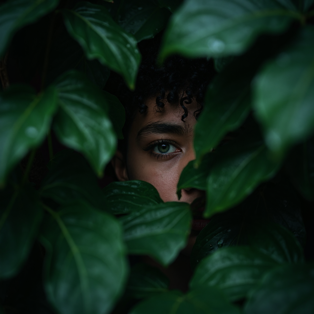 صورة مولدة بالذكاء الاصطناعي: FLUX prompt: Through the dense tangle of dark green leaves, a s... (نموذج FLUX - فن مفاهيمي)