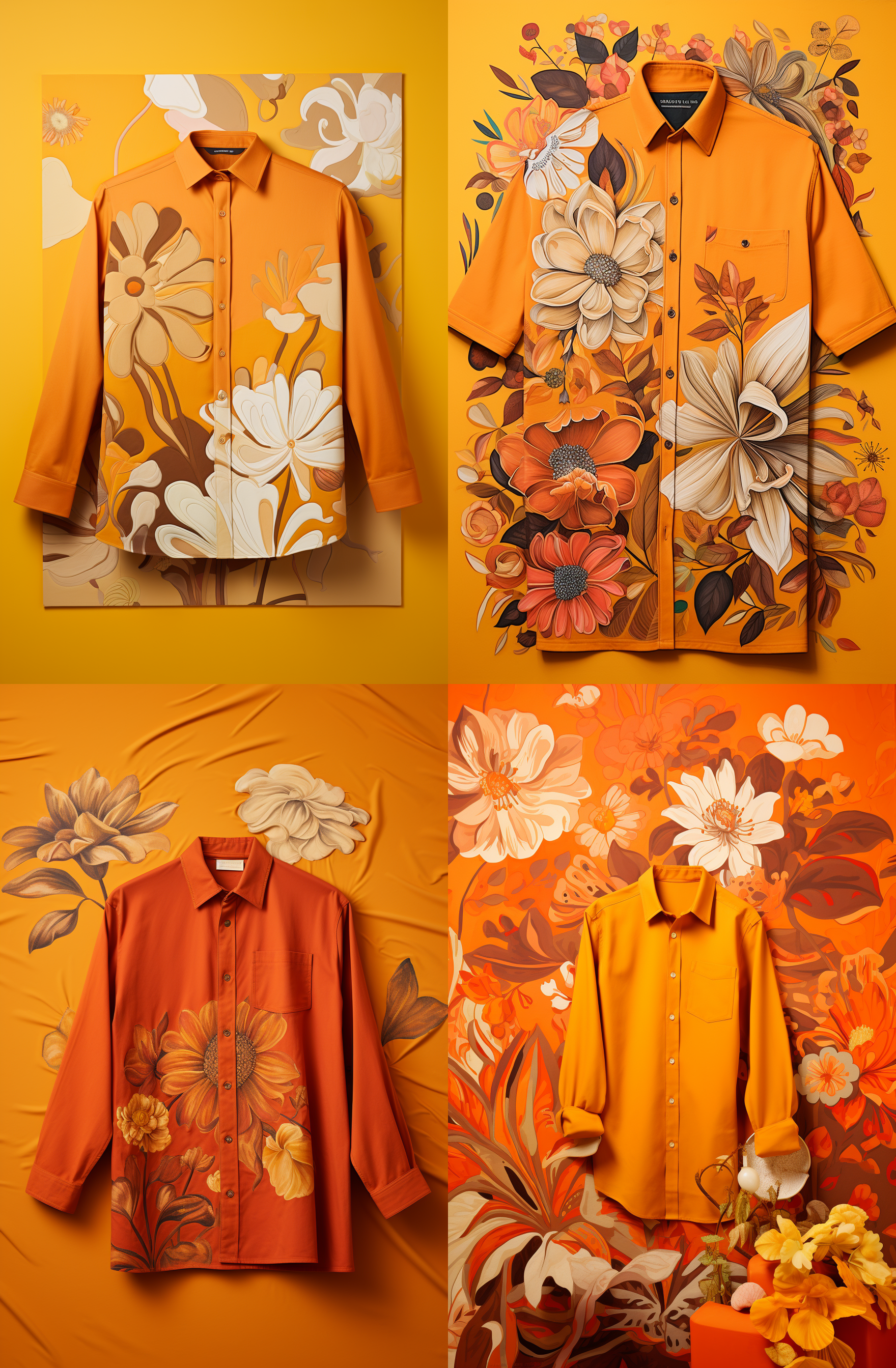 Midjourney prompt: a colored orange shirt with some floral illustrati... - Midjourney