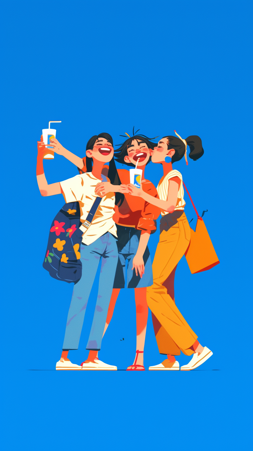 Midjourney prompt: A flat illustration of 2 asian women and 1 asian m... - Midjourney