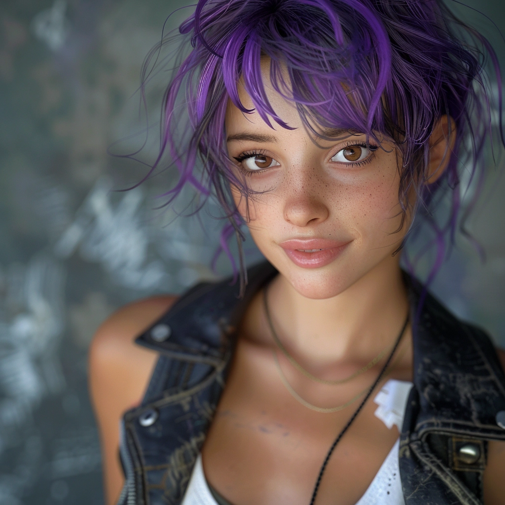 Midjourney prompt: close up portrait of a cute punk with purple messy... - Midjourney