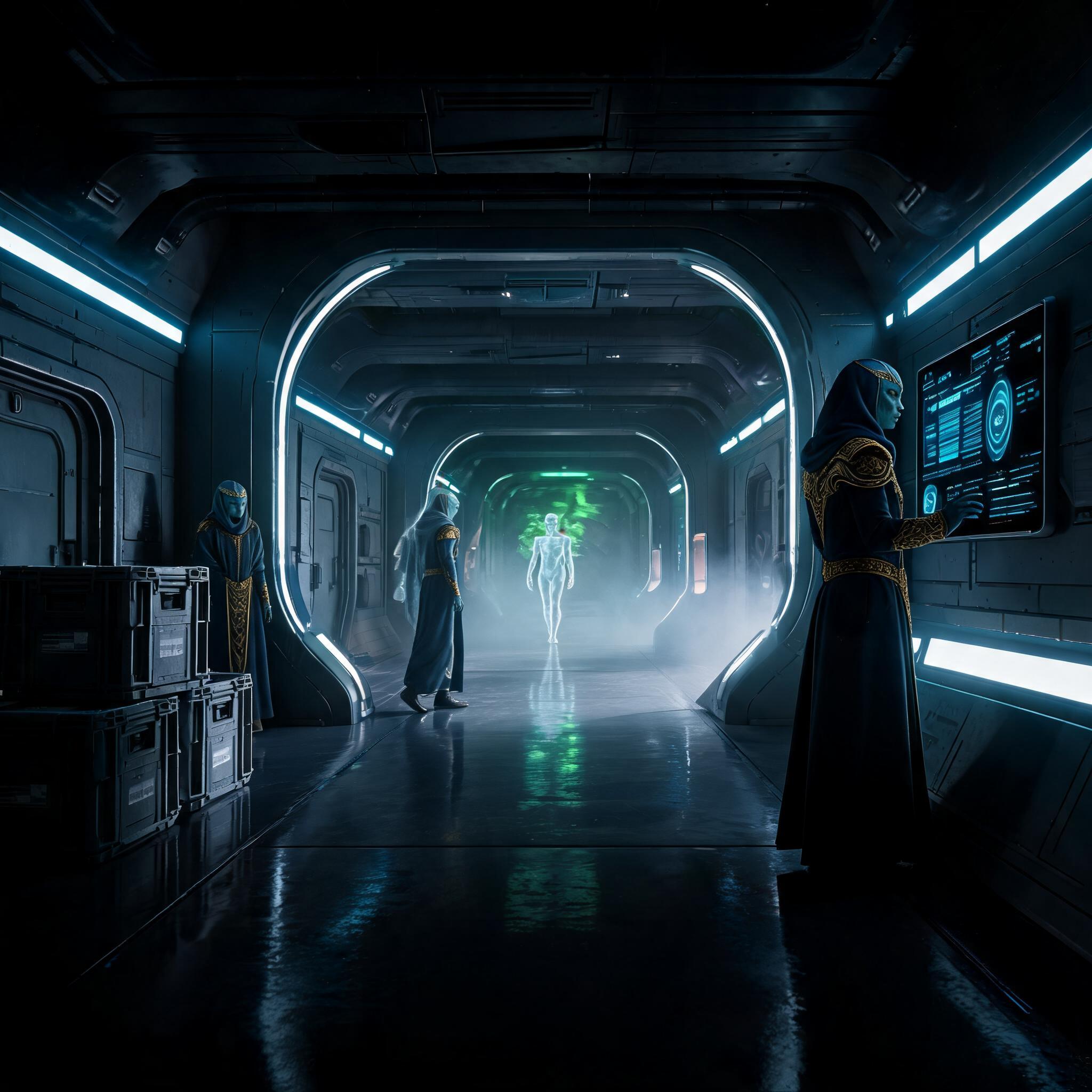 صورة مولدة بالذكاء الاصطناعي: Seedream 5 prompt: A tense cinematic science-fiction corridor scene i... (نموذج Seedream 5 - عمارة وتصميم)