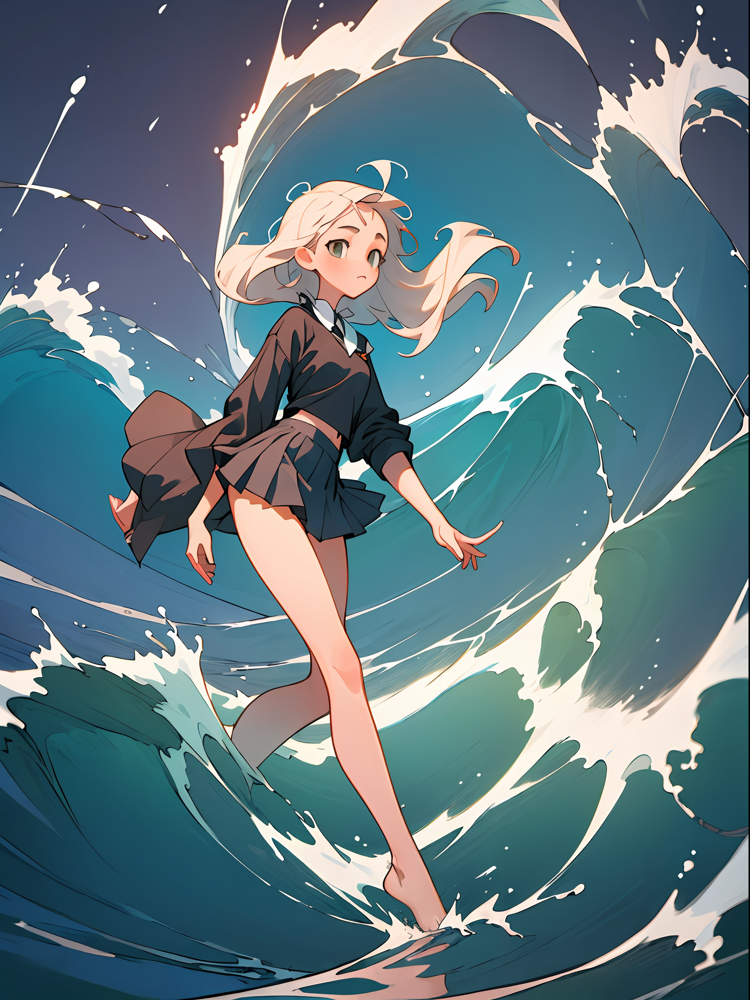 صورة مولدة بالذكاء الاصطناعي: DreamShaper prompt: (Best quality, masterpiece), 1girl, the waves spli... (نموذج DreamShaper - صور شخصية)