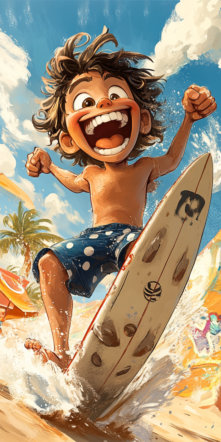 AI generated: Midjourney prompt: A cute boy is surfing on the beach, in the style o... (Midjourney - Character Design)