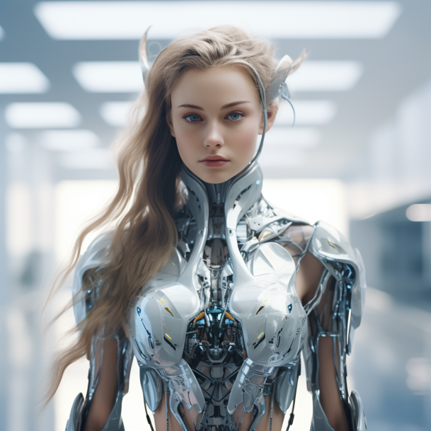 AI generated: Midjourney prompt: a cyber-girl, very beautiful with long hairs, eleg... (Midjourney - Character Design)