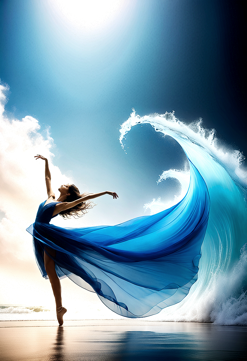 AI generated: Stable Diffusion prompt: The image features a woman in a blue dress, gracef... (Stable Diffusion - Photography)
