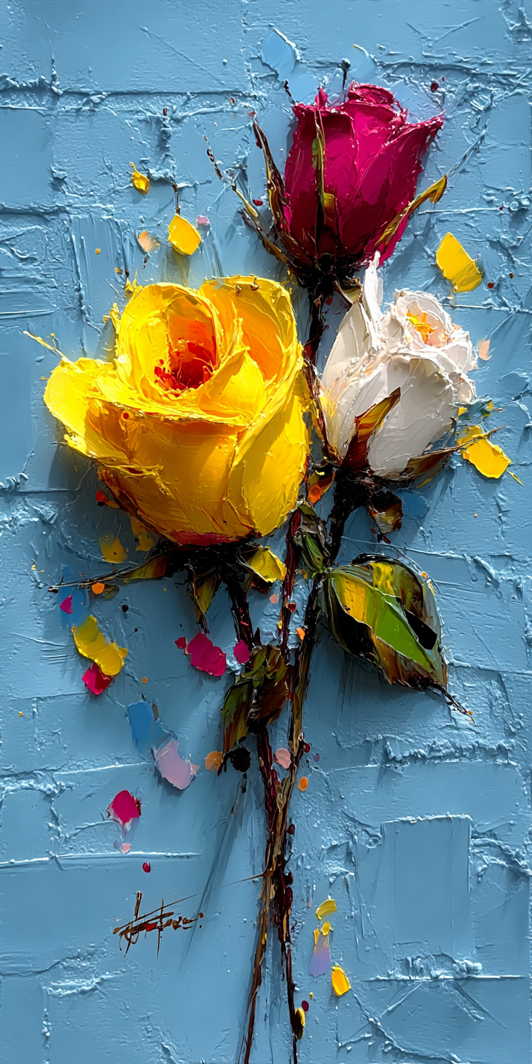 AI generated: Midjourney prompt: roses painted with a palette knife, impasto --chao... (Midjourney - Concept Art)