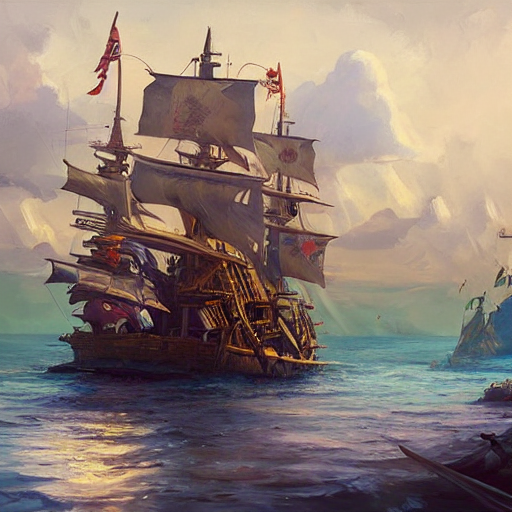 Stable Diffusion prompt: a large pirate ship floating on ...
