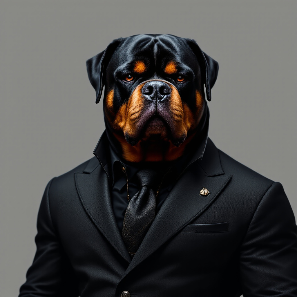 FLUX prompt: A loyal and intimidating humanoid Rottweiler...