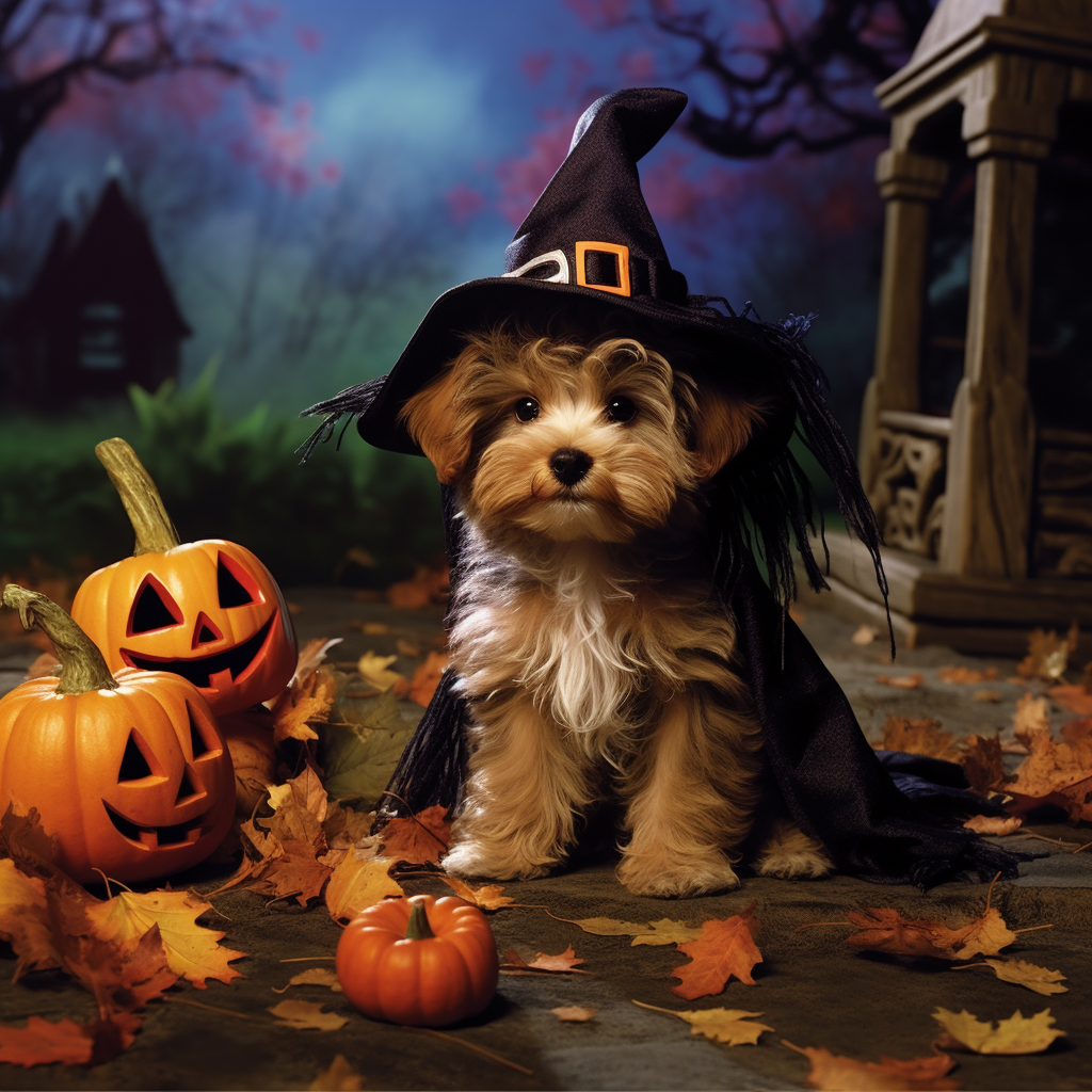 AI generated: Midjourney prompt: a cute and adorable fluffy puppy wearing a witch h... (Midjourney - Photography)