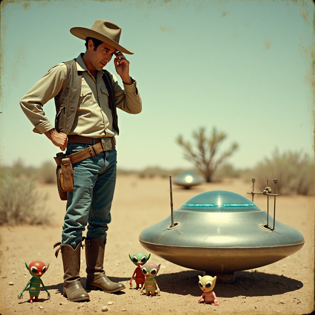 صورة مولدة بالذكاء الاصطناعي: FLUX prompt: A cowboy stands thoughtfully beside a small flying... (نموذج FLUX - مناظر طبيعية)