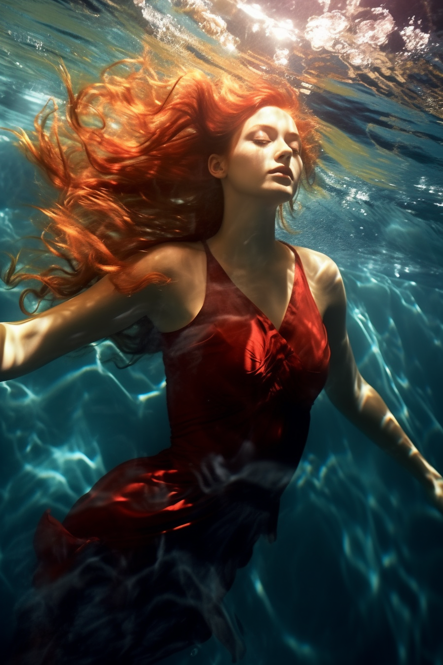 AI generated: Midjourney prompt: A beautiful red hair girl is diving in the blue wa... (Midjourney - Photography)