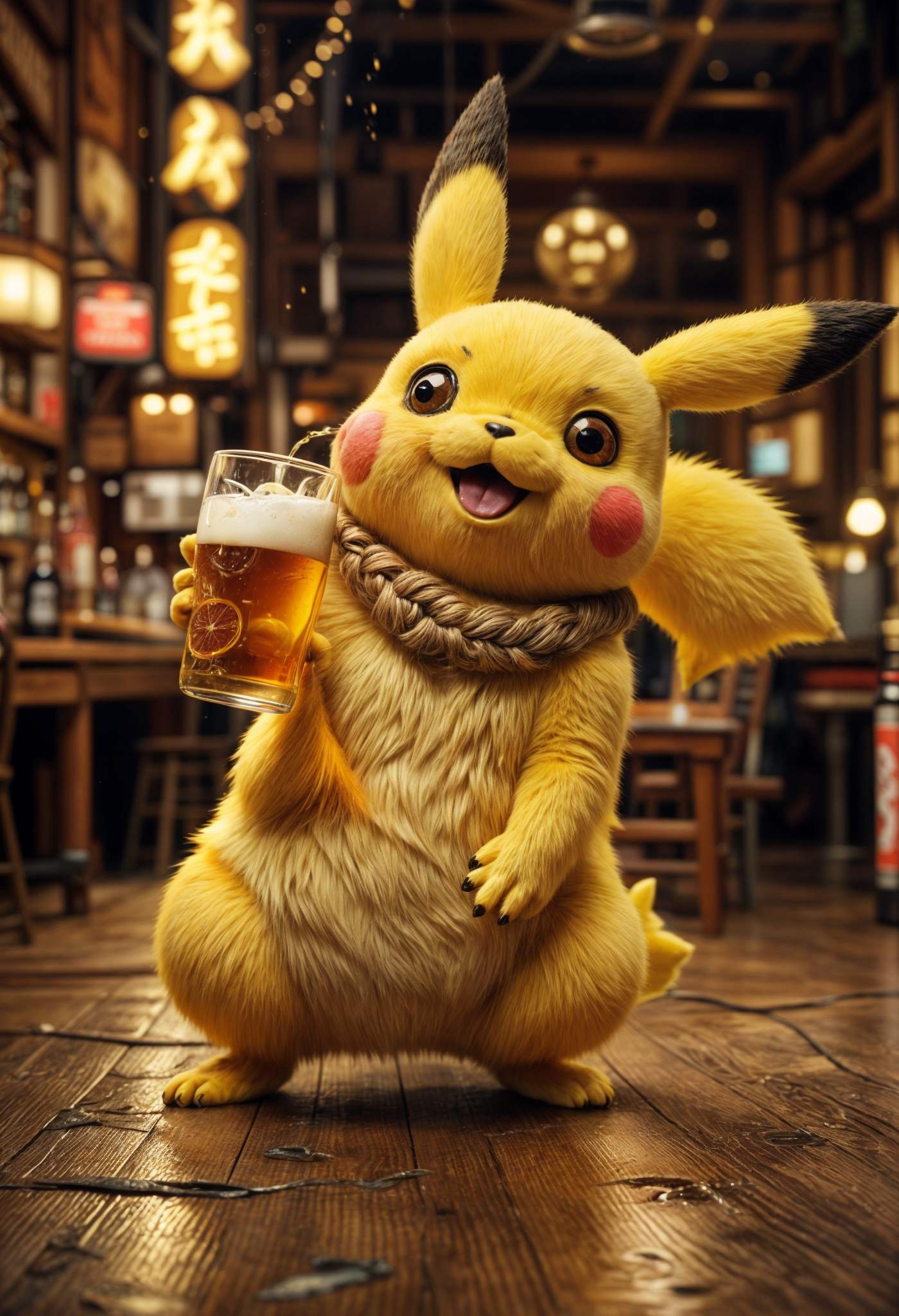 صورة مولدة بالذكاء الاصطناعي: Stable Diffusion prompt: drunken pikachu, drink a beer,dynamic lights,intri... (نموذج Stable Diffusion - صور شخصية)