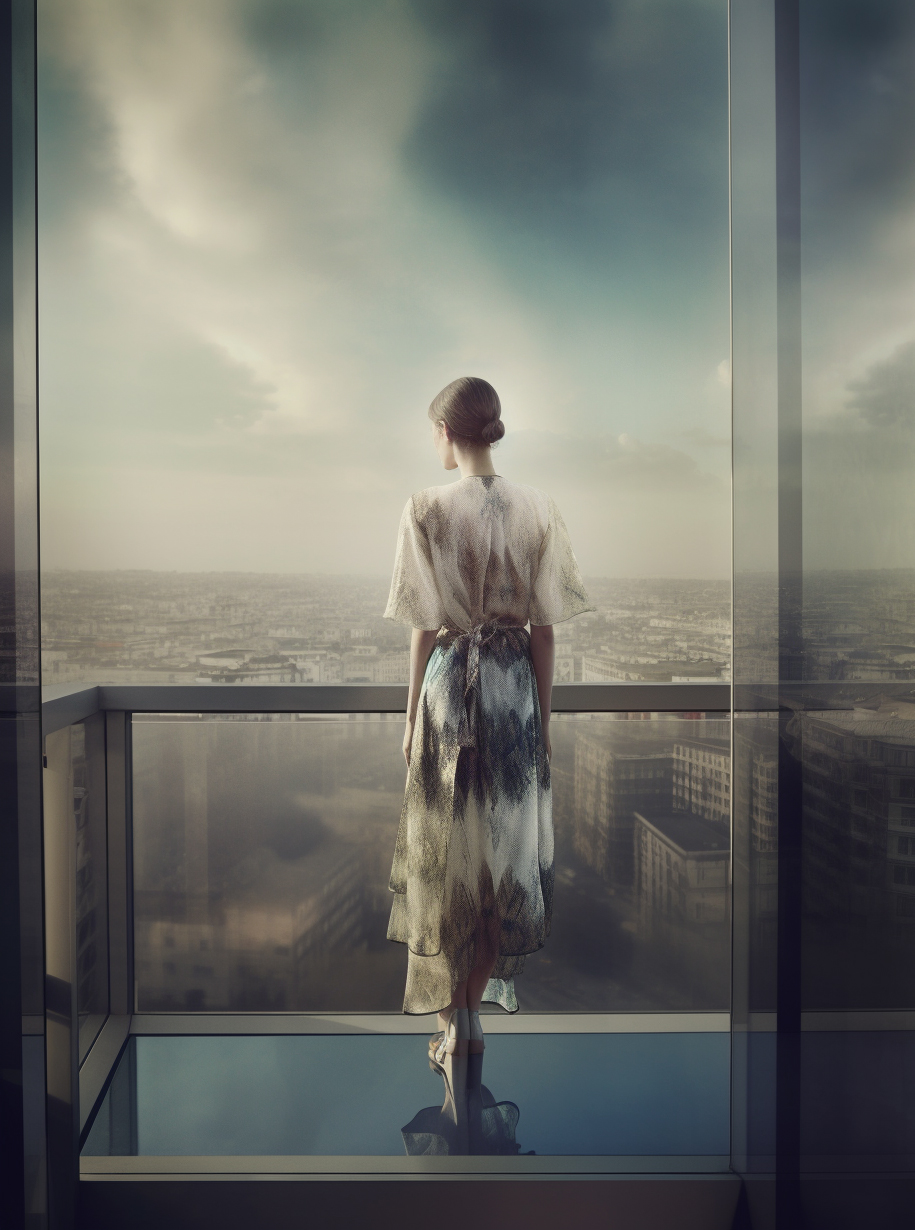 AI generated: Midjourney prompt: a woman standing on top of a window sill, fractal ... (Midjourney - Fashion)