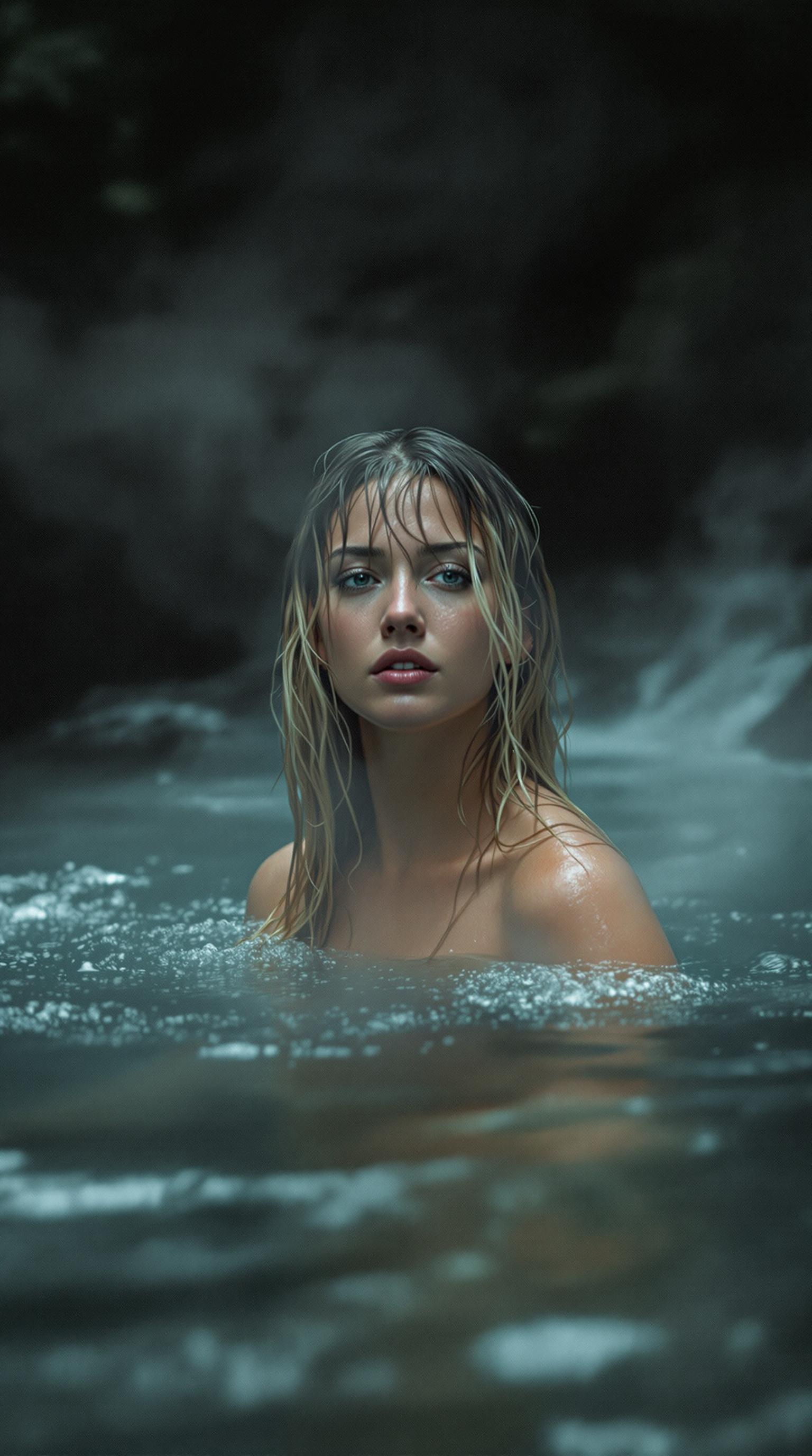 AI generated: FLUX prompt: hot spring in a river flow, steam rises from the w... (FLUX - Portraits)