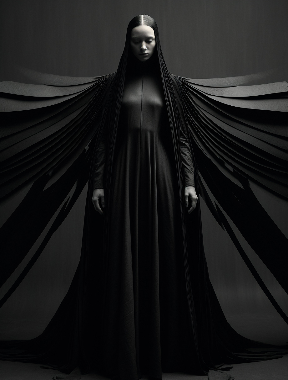 AI generated: Midjourney prompt: a black and white photo of a woman in a dress, ric... (Midjourney - Fashion)