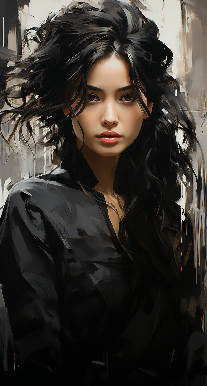 Midjourney prompt: a black and white painting of an asian girl with h... - Midjourney