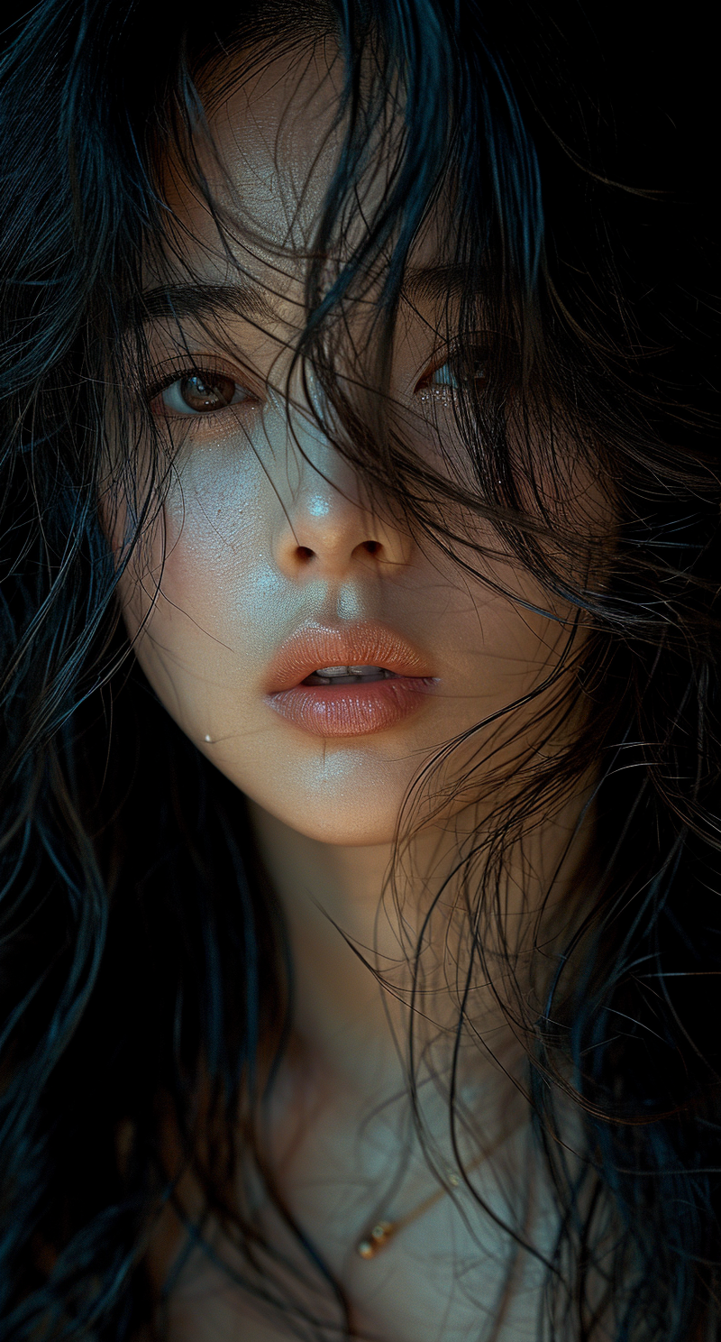 Midjourney prompt: a woman with flowing, black hair is posing, in the... - Midjourney