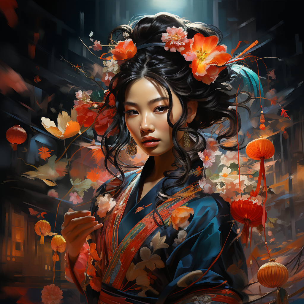 Midjourney prompt: An ethereal Geisha amidst a festival night, paper ... - Midjourney